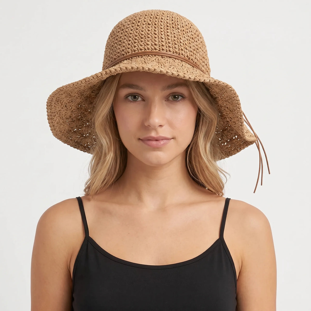 Women's wide brim summer hat with woven texture and shapeable brim