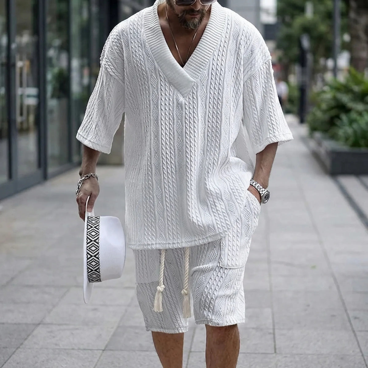 Men's textured two-piece set with V-neck top and drawstring shorts