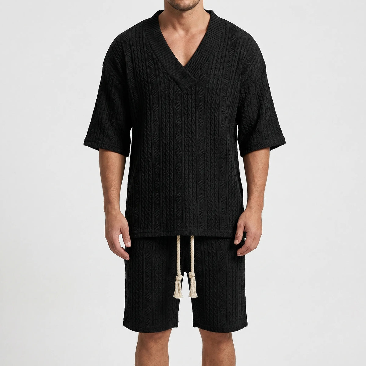 Men's textured two-piece set with V-neck top and drawstring shorts
