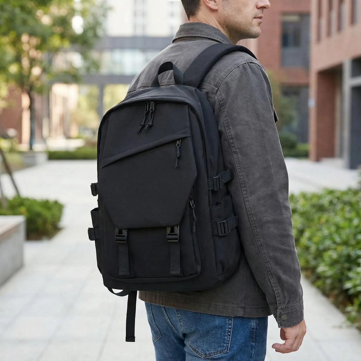 Large backpack with laptop compartment multiple pockets solid colour