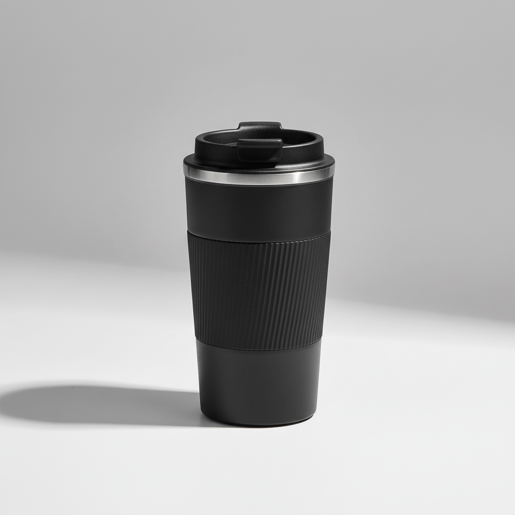 Stainless steel insulated travel mug with non-slip silicone grip