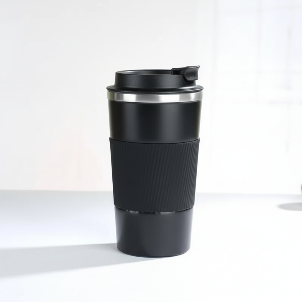 Stainless steel insulated travel mug with non-slip silicone grip