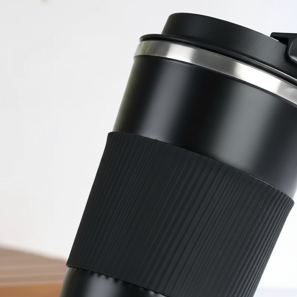 Stainless steel insulated travel mug with non-slip silicone grip