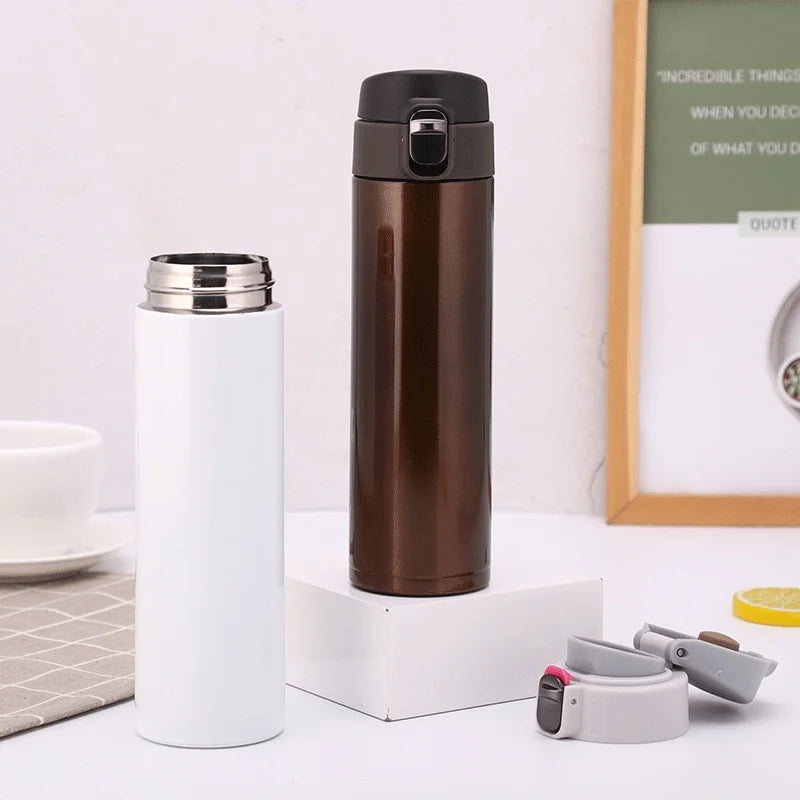 Slim stainless steel thermos bottle with one-touch flip lid and vacuum insulation