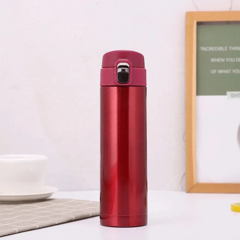 Slim stainless steel thermos bottle with one-touch flip lid and vacuum insulation
