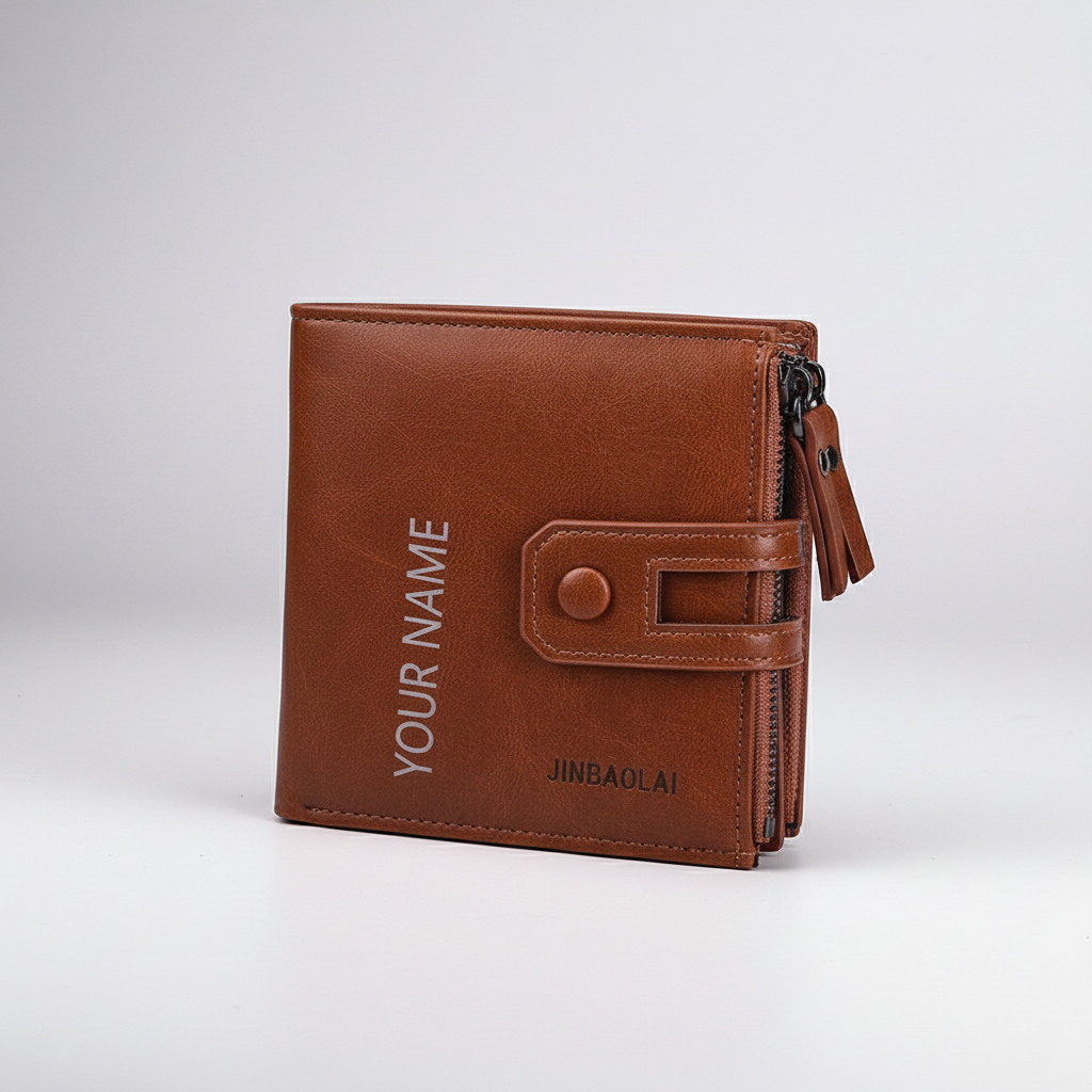 Compact men's wallet with organised card slots and double zipper coin pocket