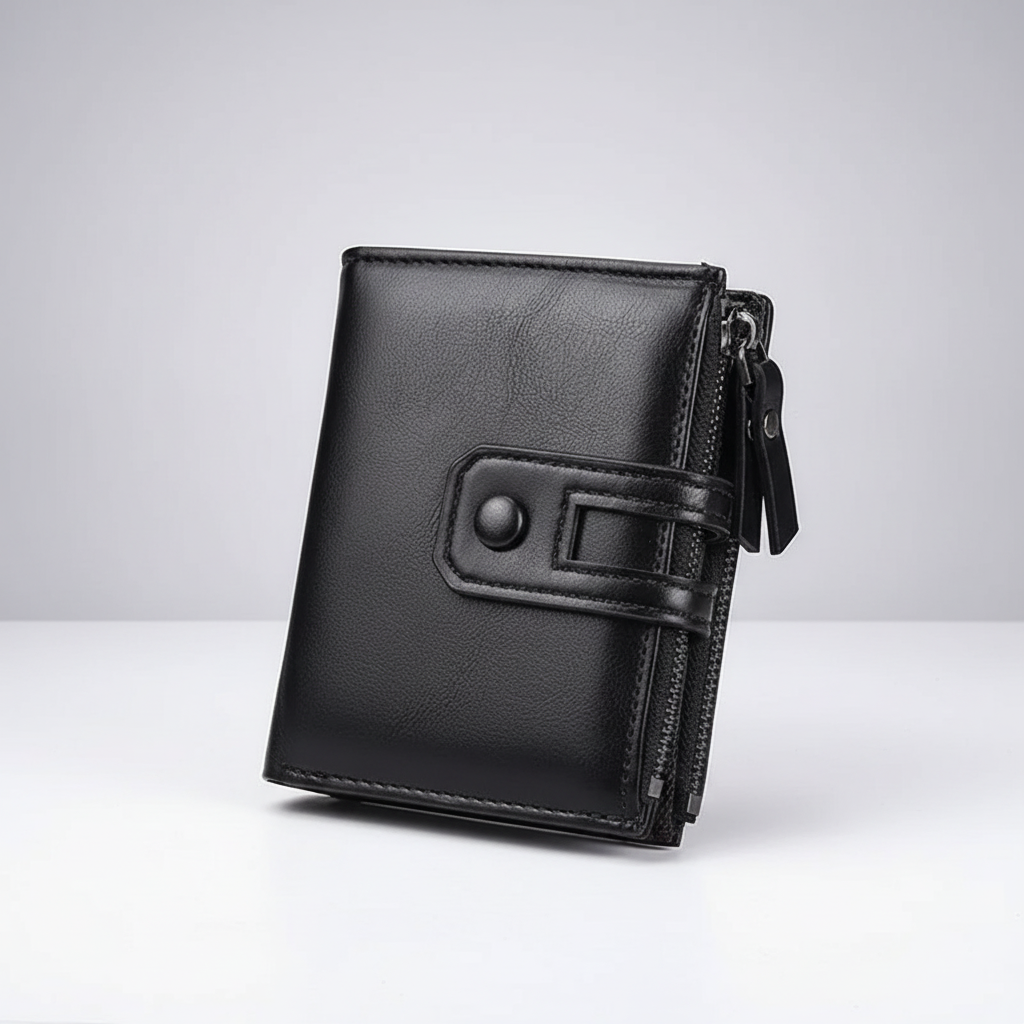 Compact men's wallet with organised card slots and double zipper coin pocket