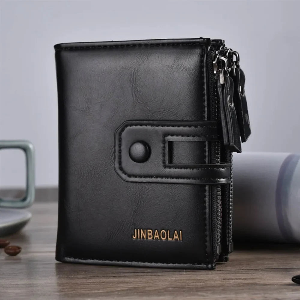 Compact men's wallet with organised card slots and double zipper coin pocket