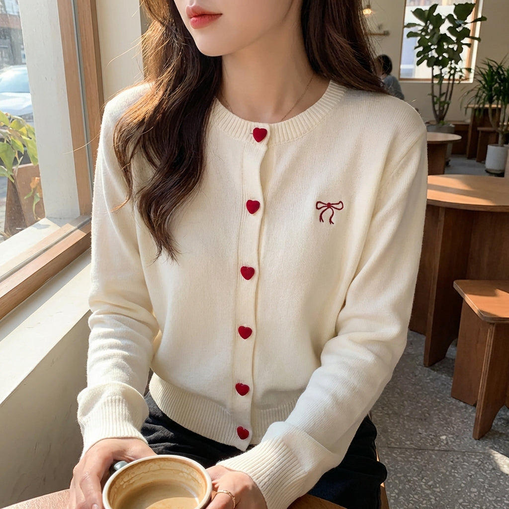 Women's cardigan with heart-shaped buttons and embroidered bow detail