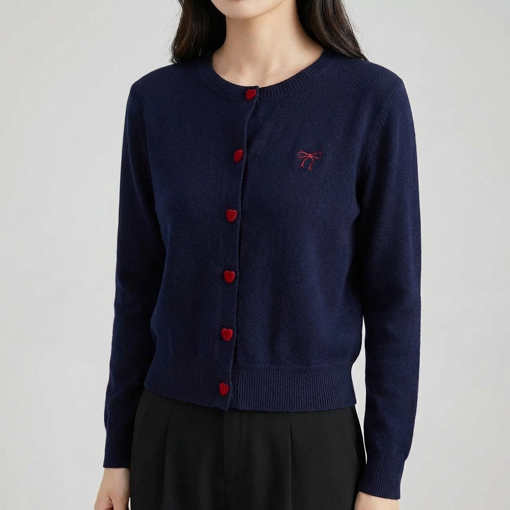 Women's cardigan with heart-shaped buttons and embroidered bow detail