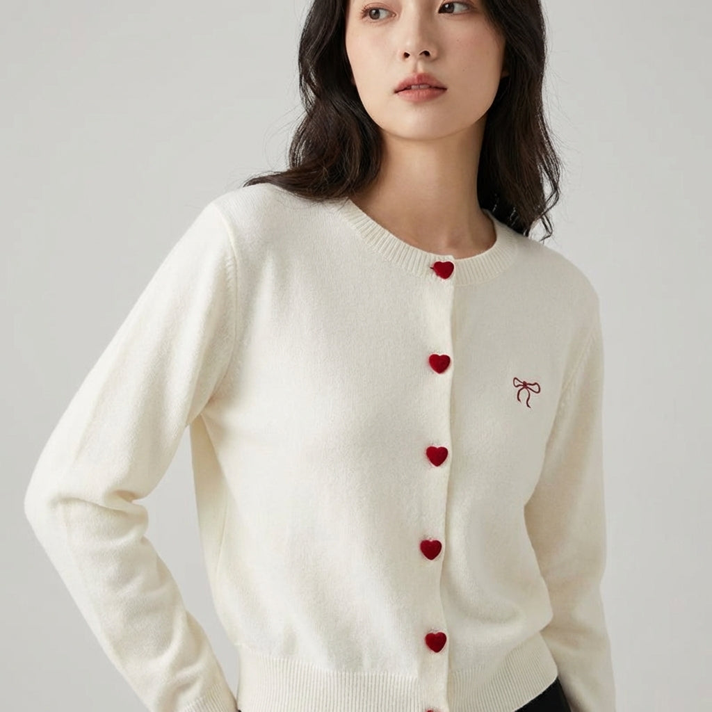 Women's cardigan with heart-shaped buttons and embroidered bow detail