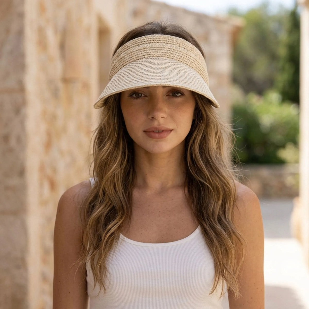 Women's open-top sun visor with wide woven brim and elasticated back
