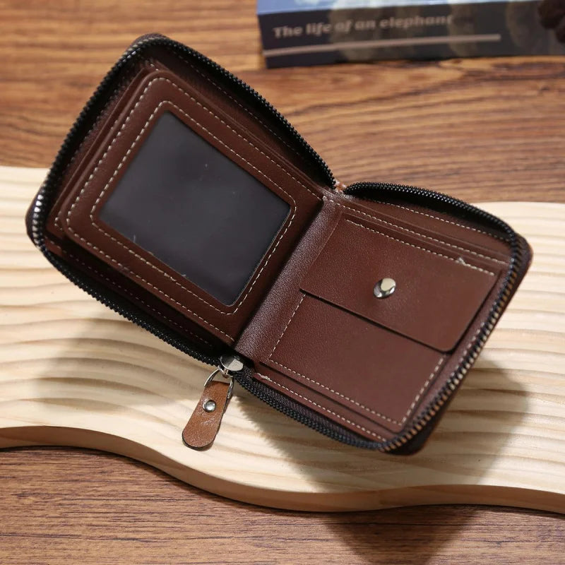 Men's compact zip around wallet with multiple card slots and coin pocket