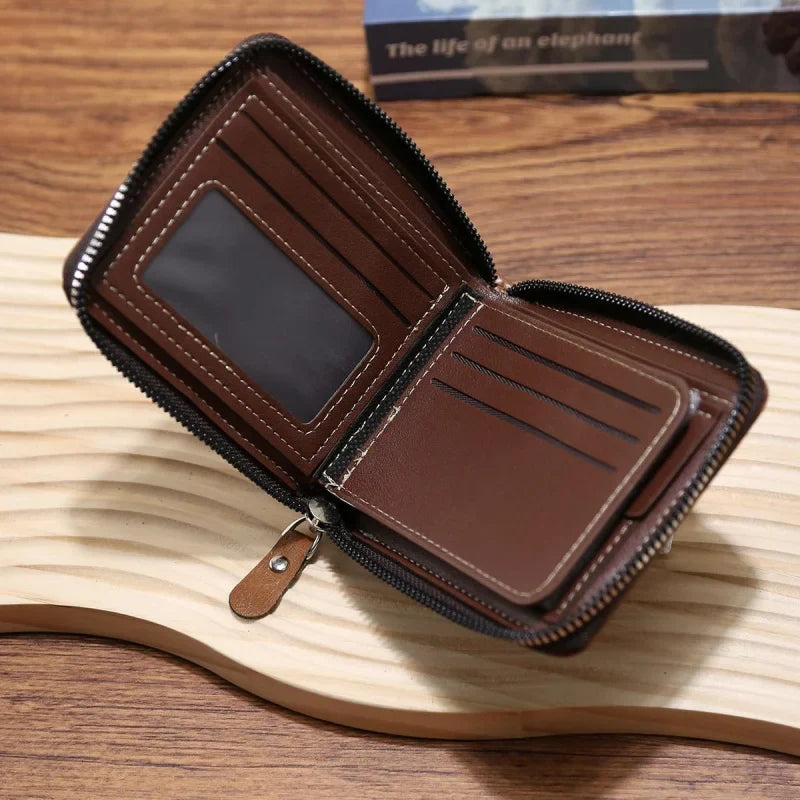 Men's compact zip around wallet with multiple card slots and coin pocket