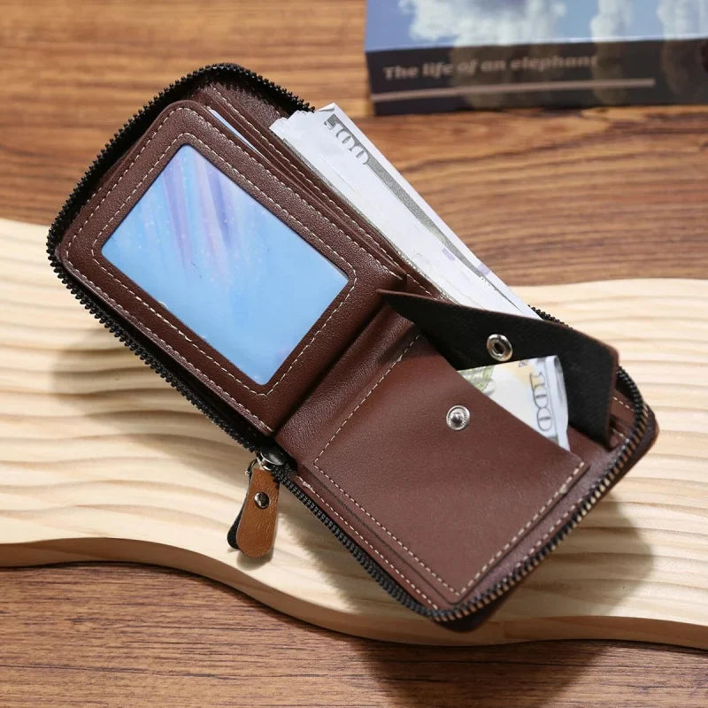 Men's compact zip around wallet with multiple card slots and coin pocket