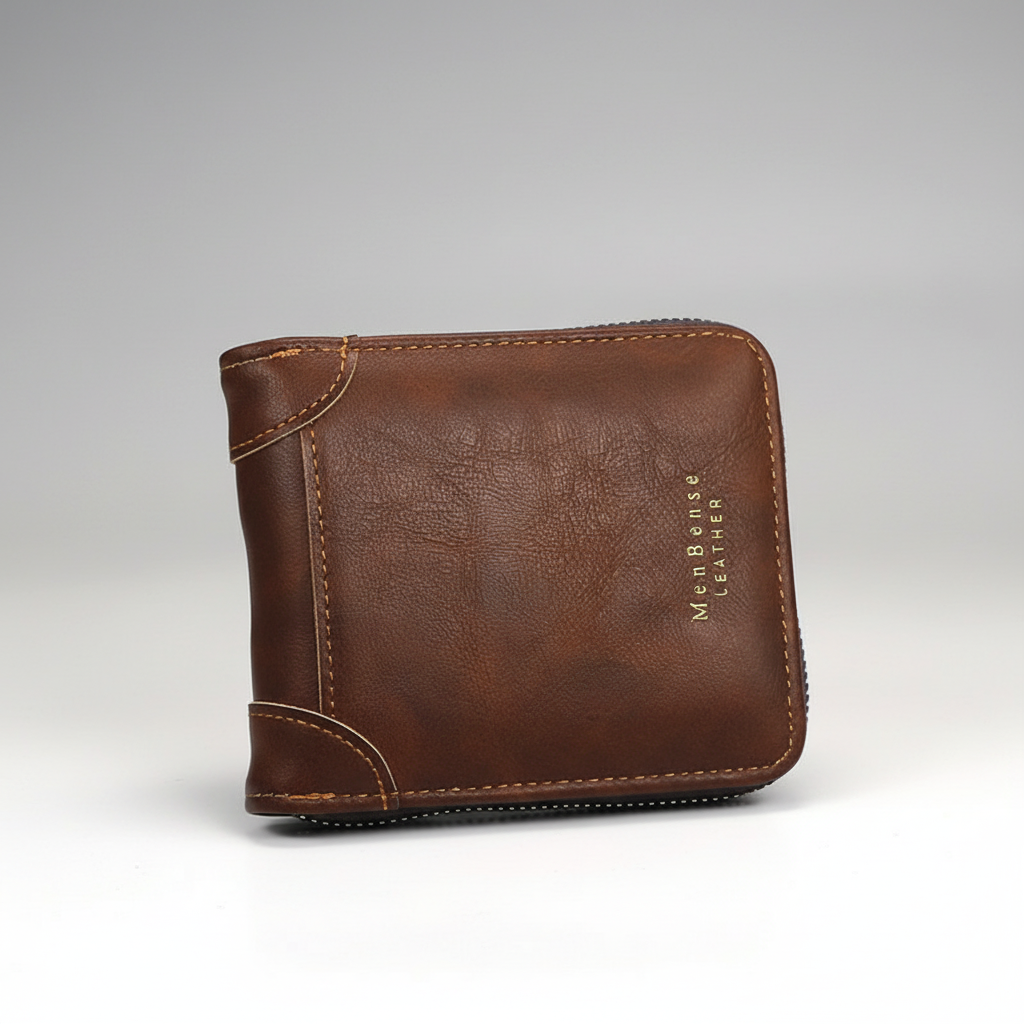 Men's compact zip around wallet with multiple card slots and coin pocket