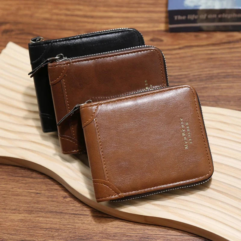 Men's compact zip around wallet with multiple card slots and coin pocket