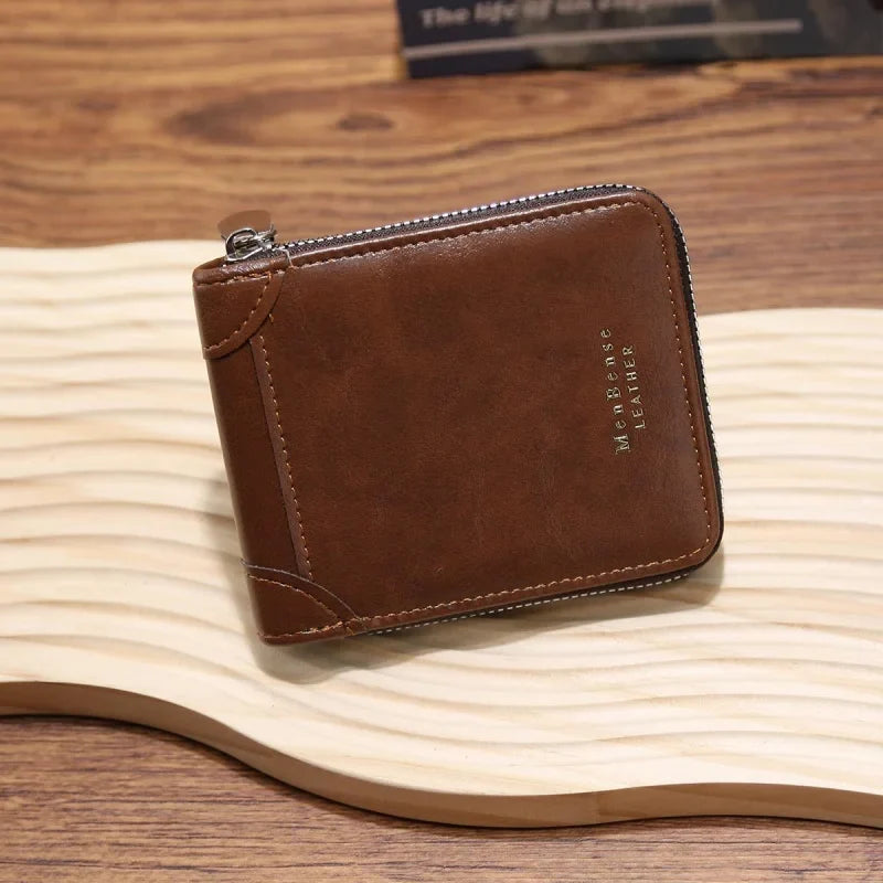 Men's compact zip around wallet with multiple card slots and coin pocket