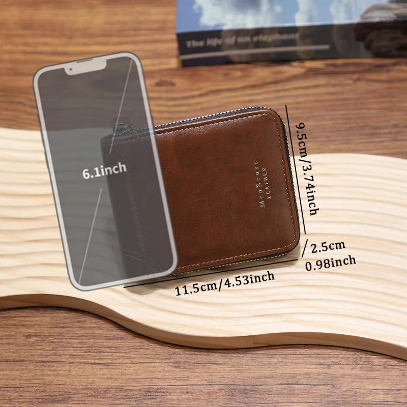 Men's compact zip around wallet with multiple card slots and coin pocket