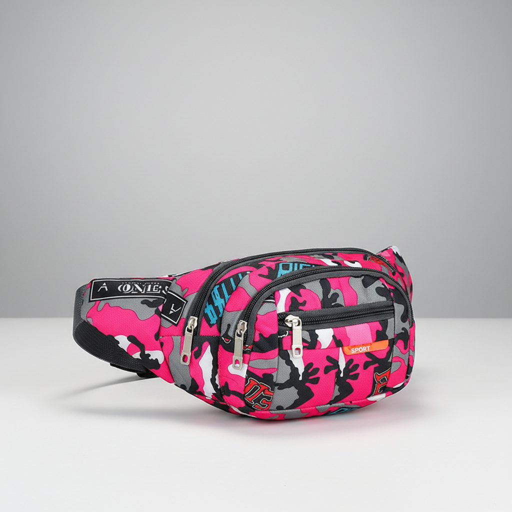 Camouflage nylon waist bag with adjustable strap and multiple compartments