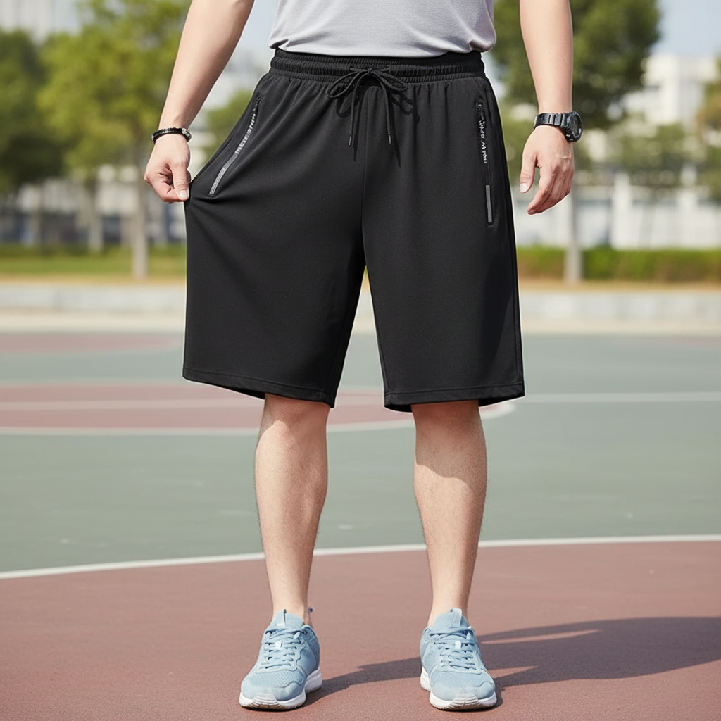 Men's plus size sports shorts with elastic knit and zip pockets