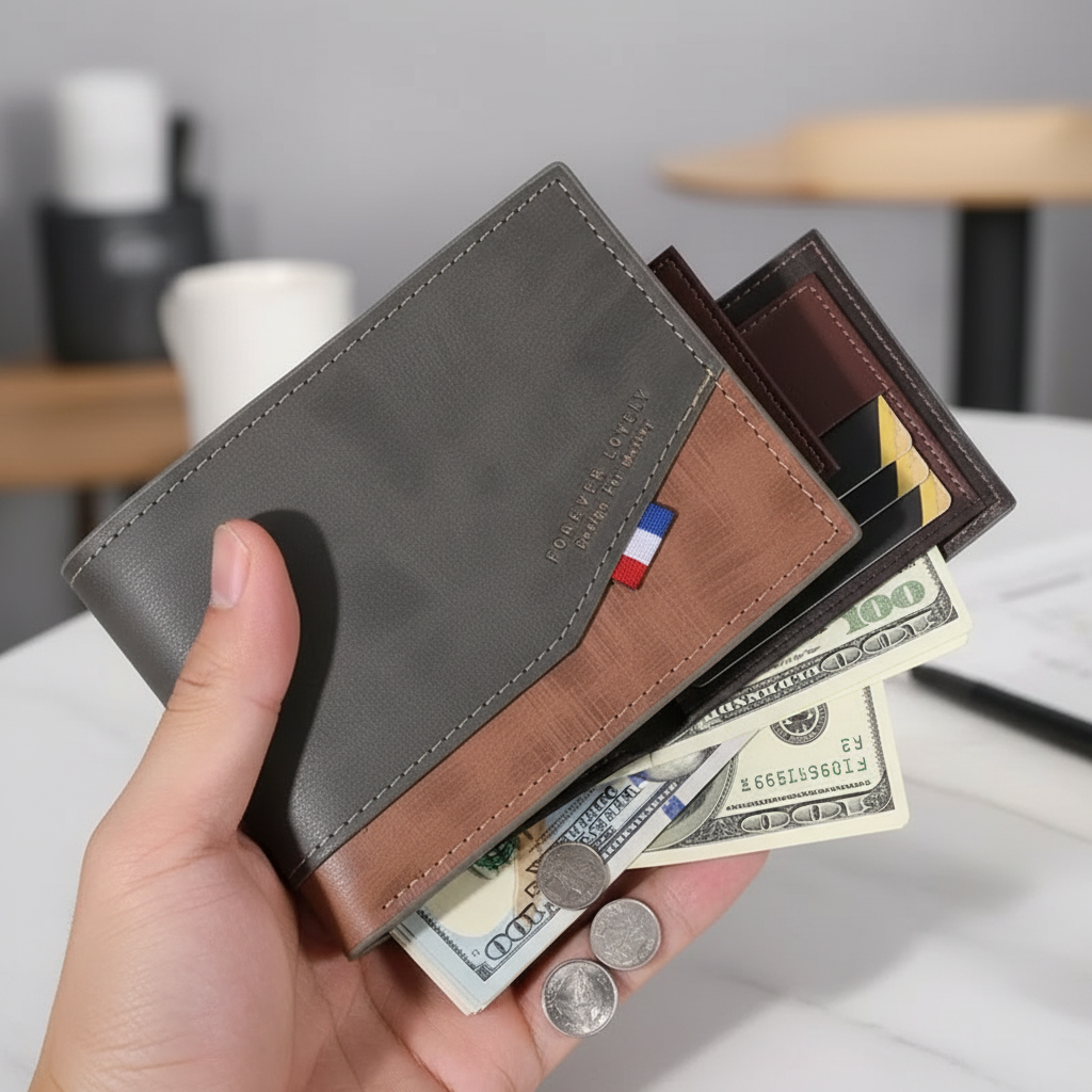 Compact men's wallet with zip closure, card slots and coin pocket