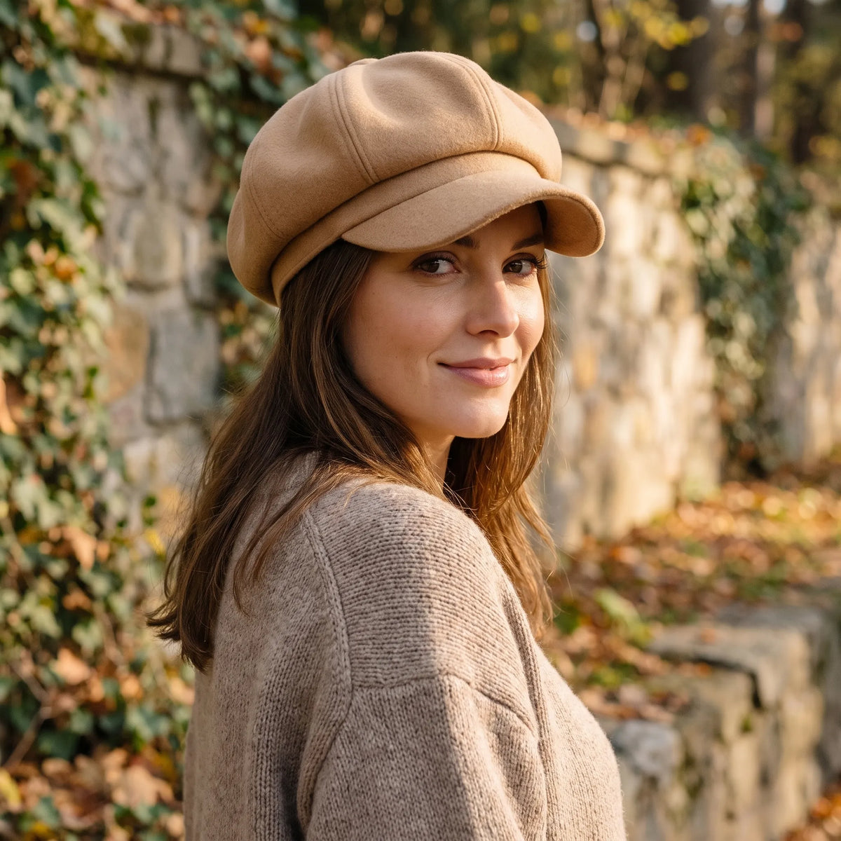 Classic beret hat with peak and solid colour design for cool weather