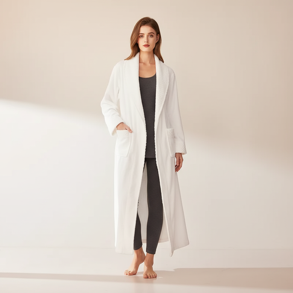 Long plush robe with shawl collar and front pockets
