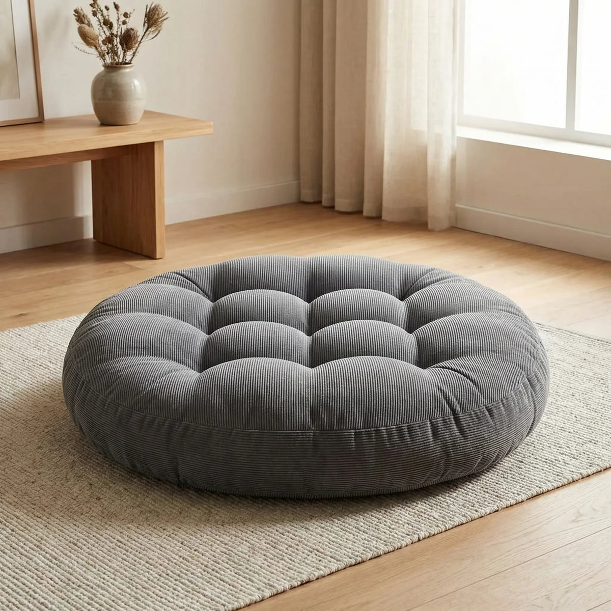 Large round quilted floor cushion with textured corduroy surface