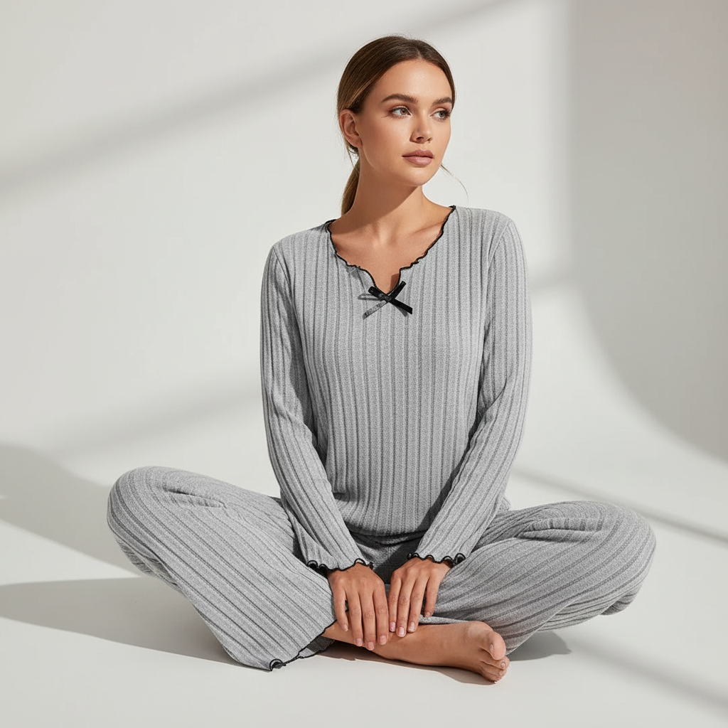 Women's striped knit pyjama set with relaxed fit and ruffle trim