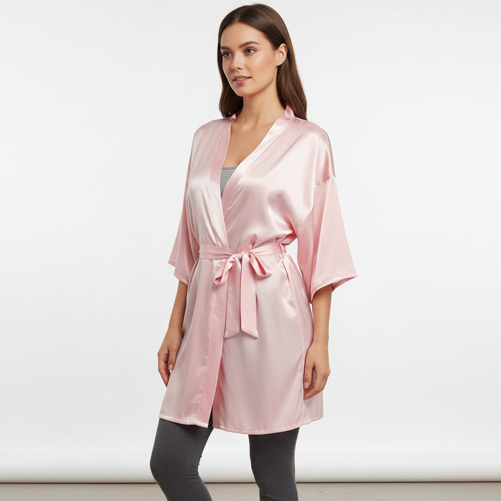 Short kimono style robe with wide sleeves and adjustable tie waist