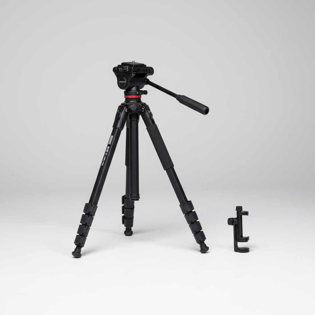 Lightweight travel video tripod with fluid head compact fold