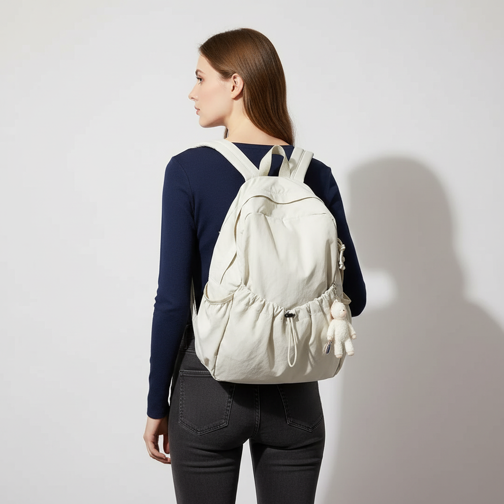 Large-volume nylon backpack with pleated design and padded straps