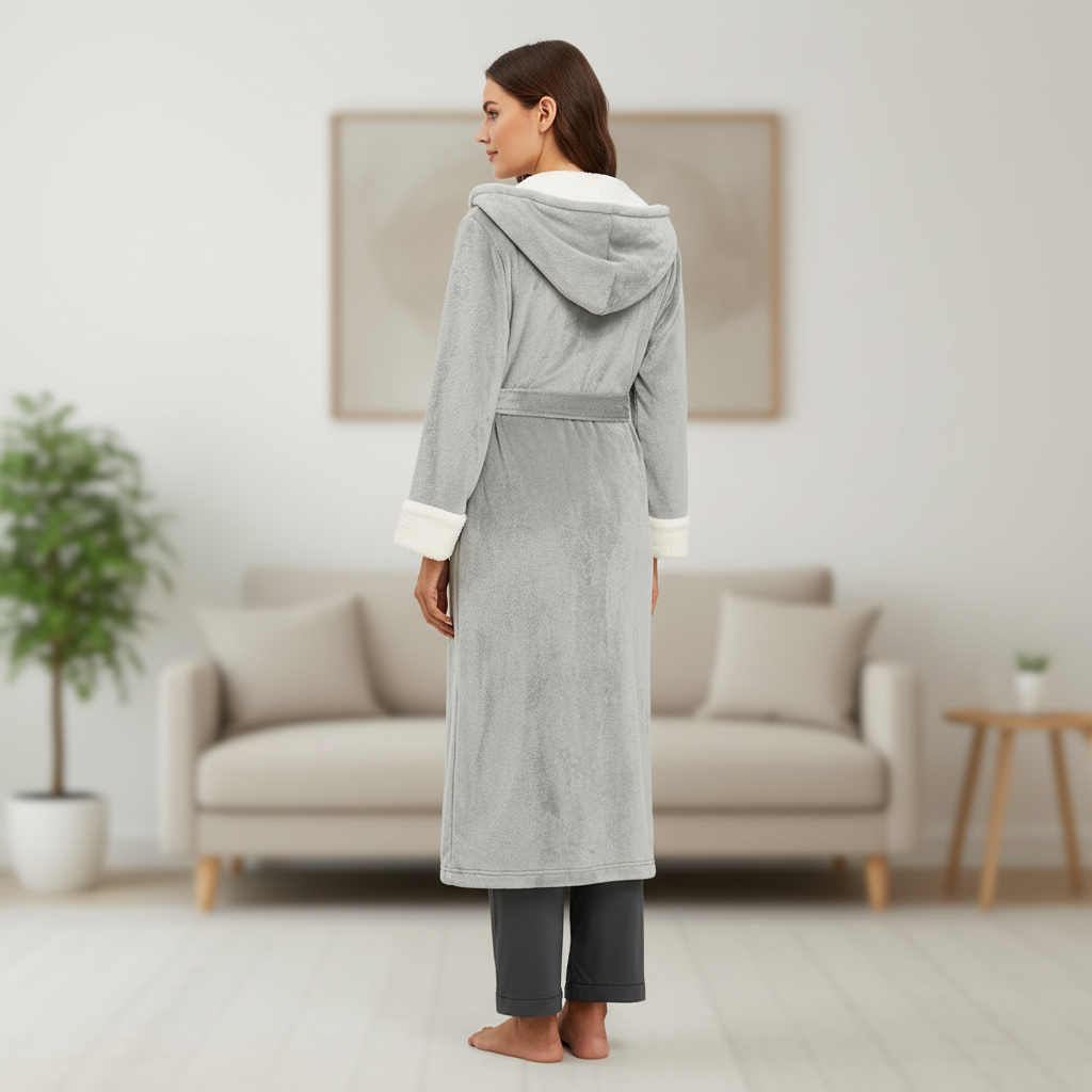 Long hooded robe ankle length with plush soft surface and adjustable belt