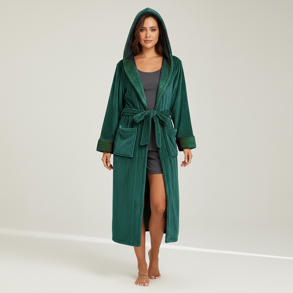 Long hooded robe ankle length with plush soft surface and adjustable belt