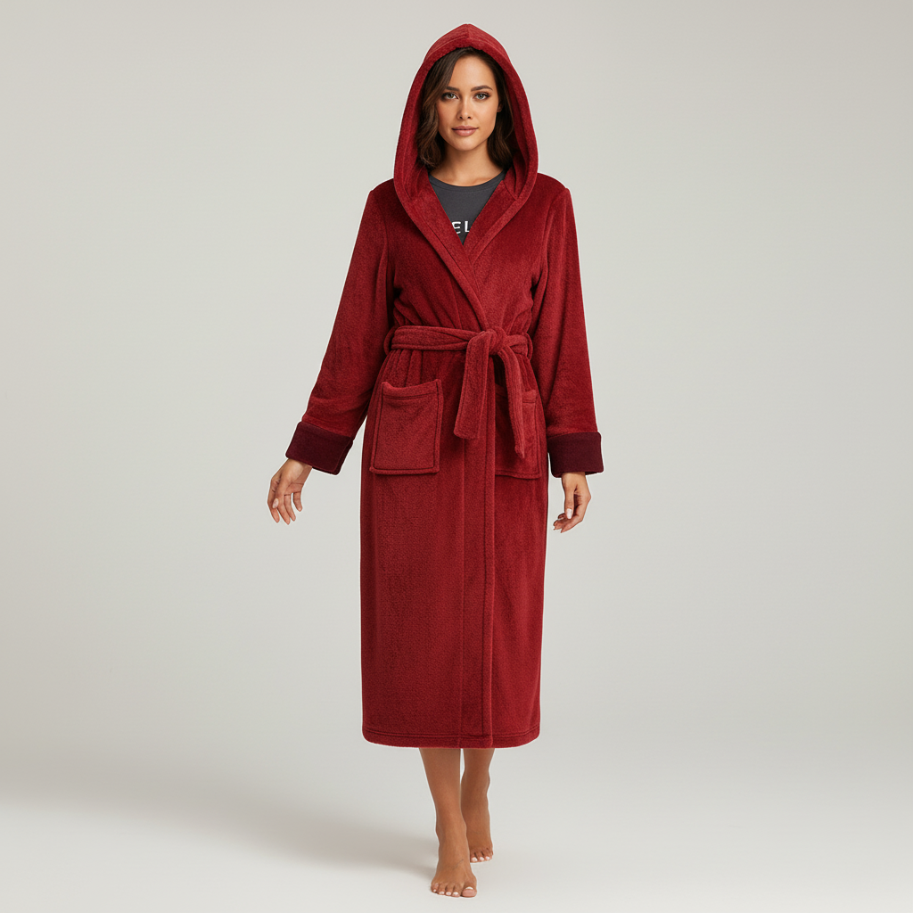 Long hooded robe ankle length with plush soft surface and adjustable belt