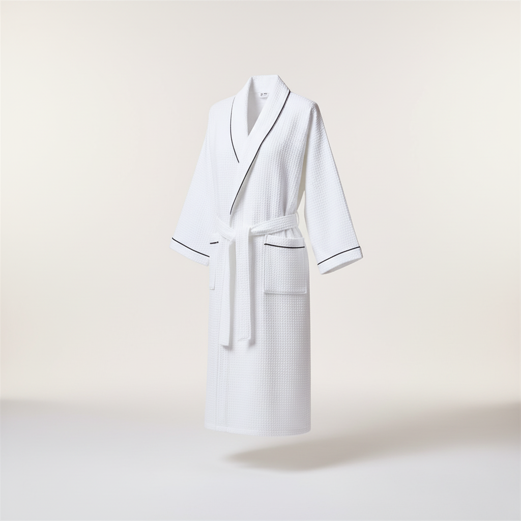 Lightweight waffle bathrobe with V-neckline and three-quarter sleeves