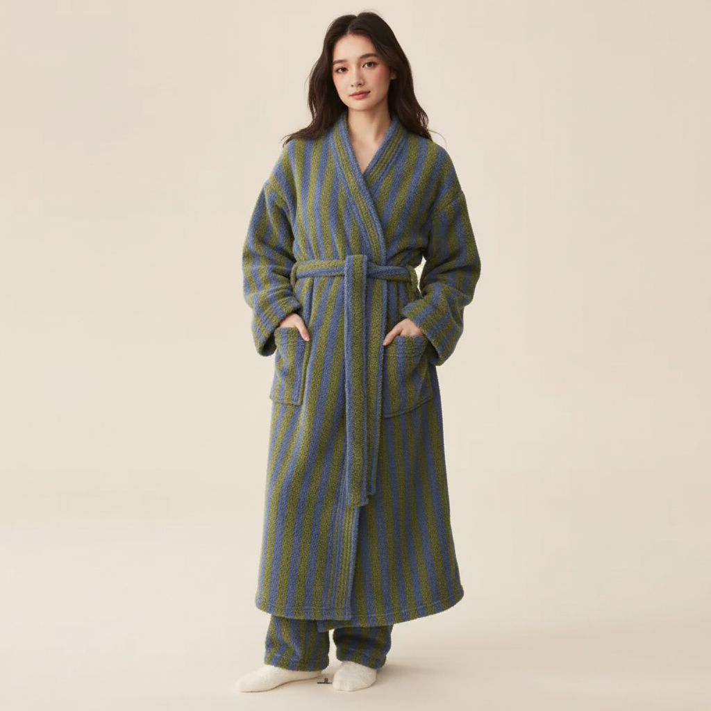 Long ankle length plush robe with vertical stripes and wrap belt