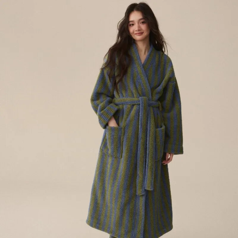 Long ankle length plush robe with vertical stripes and wrap belt
