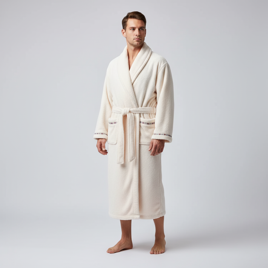 Long plush bathrobe with hotel-inspired shawl collar and deep pockets