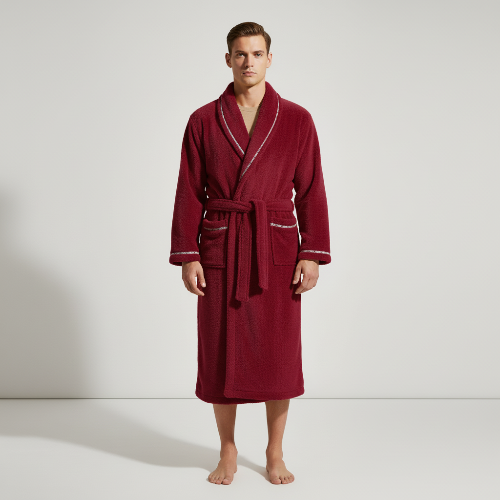 Long plush bathrobe with hotel-inspired shawl collar and deep pockets