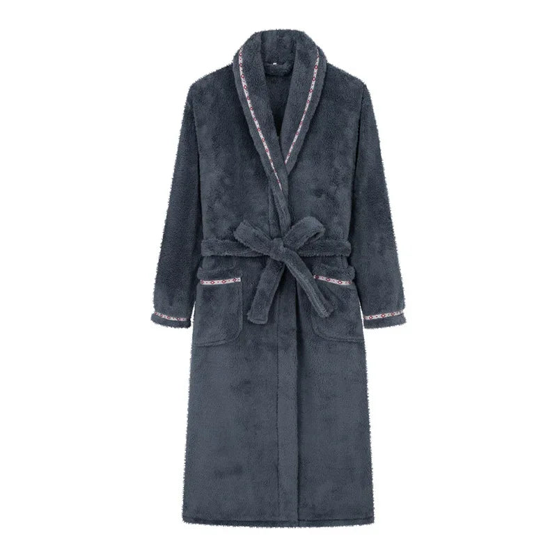 Long plush bathrobe with hotel-inspired shawl collar and deep pockets