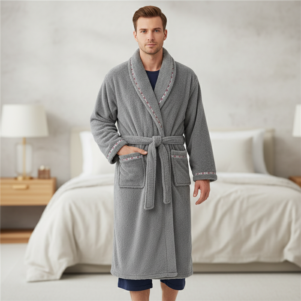 Long plush bathrobe with hotel-inspired shawl collar and deep pockets