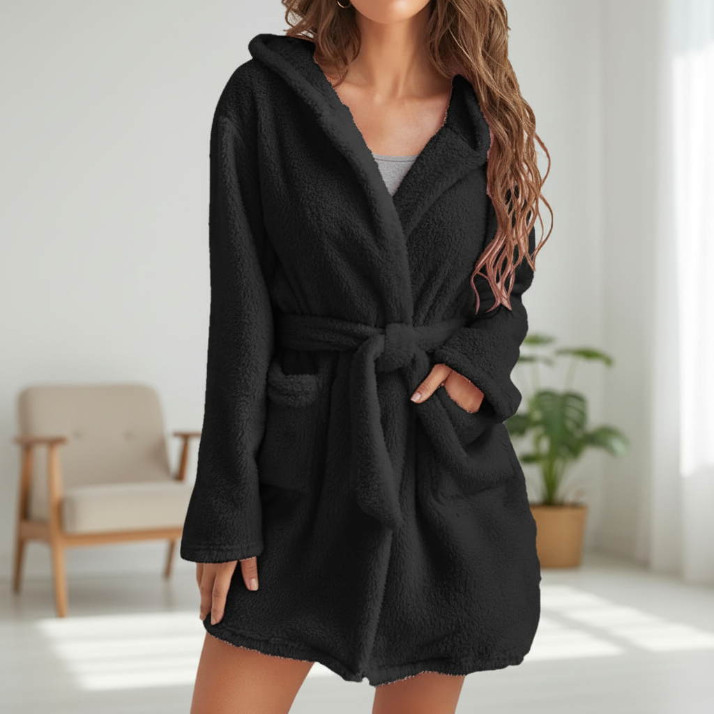 Hooded knee-length plush bathrobe with adjustable tie and front pockets