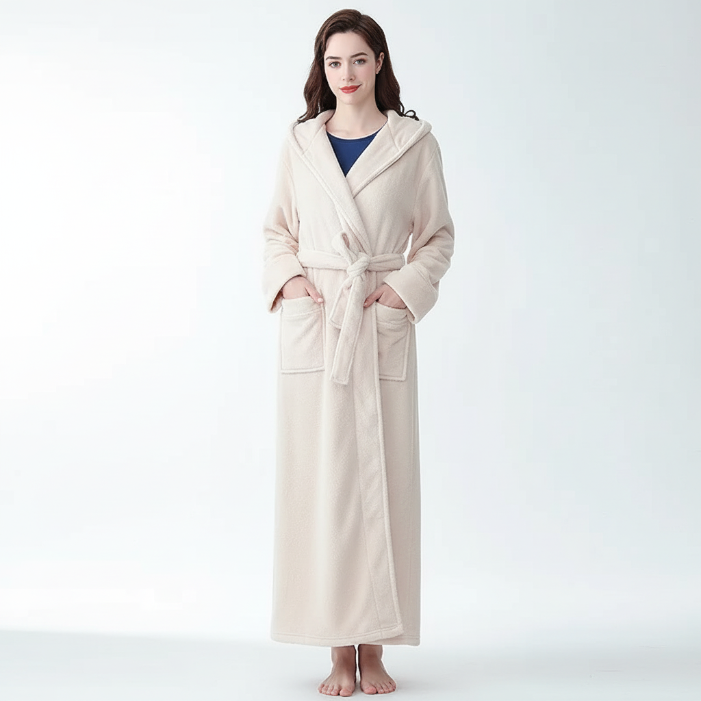 Extra long hooded bathrobe with plush soft surface and front pockets