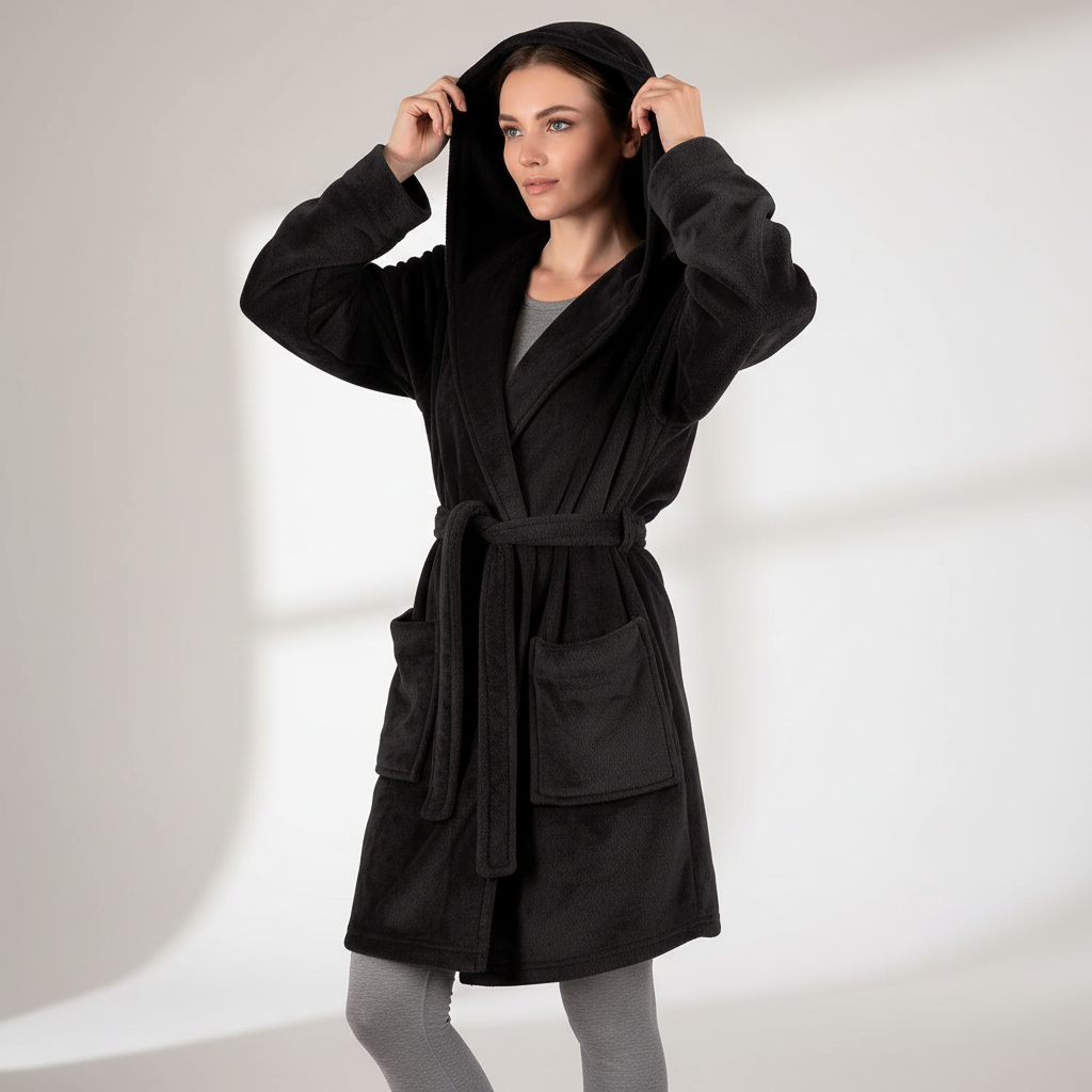 Hooded plush kimono robe with adjustable belt and front pockets