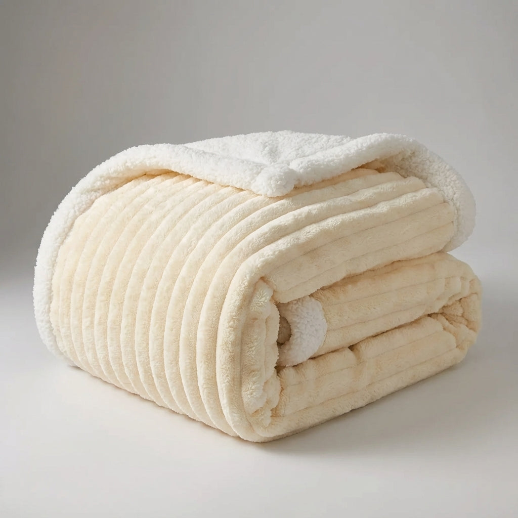 Thick plush throw blanket with soft pile and rib texture