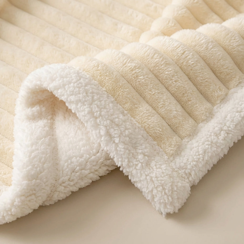 Thick plush throw blanket with soft pile and rib texture