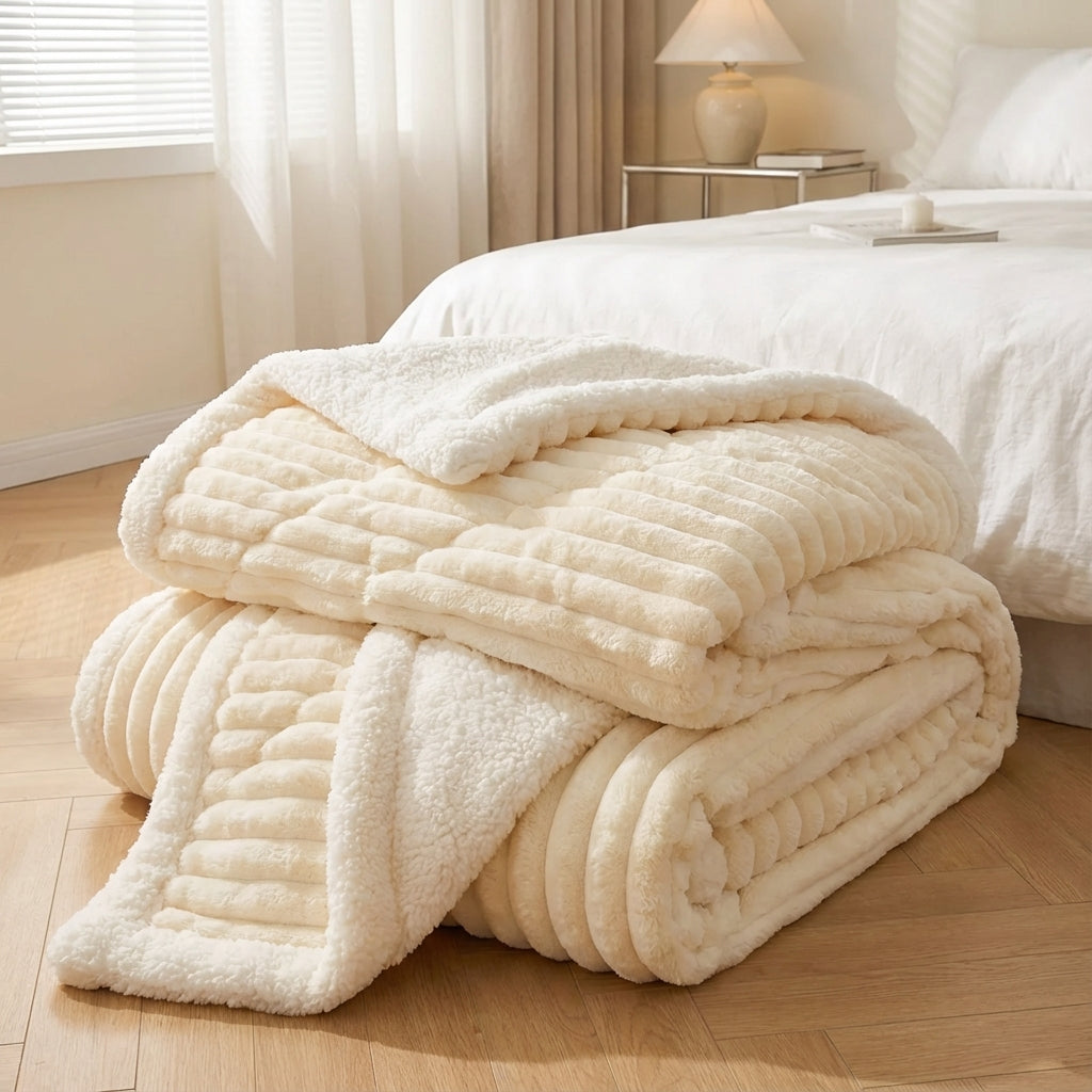 Thick plush throw blanket with soft pile and rib texture