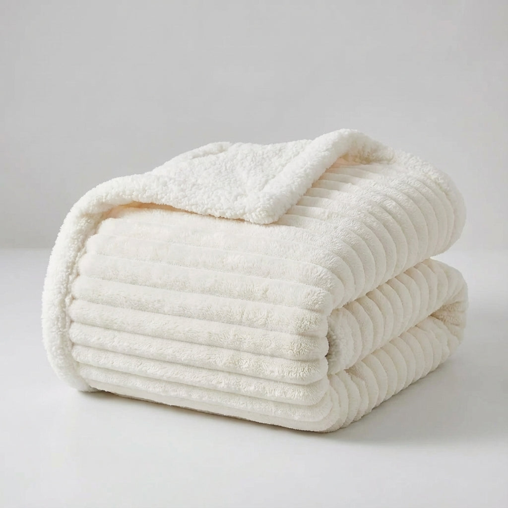 Thick plush throw blanket with soft pile and rib texture
